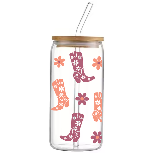 Cowgirl Boot Floral Glass Can– 16 oz