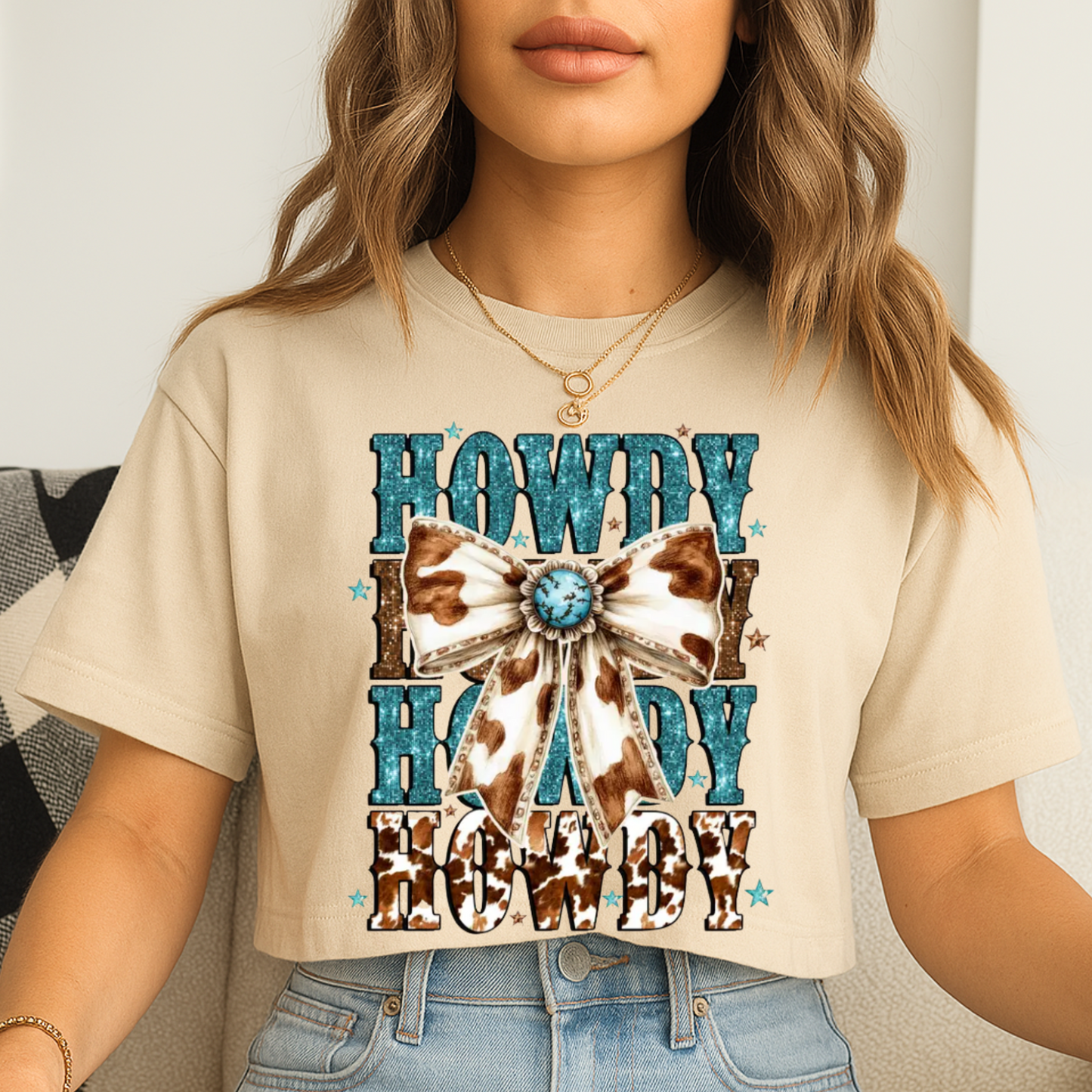 Howdy Cow print Bow Crop T-Shirt