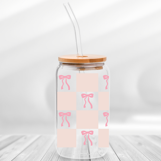 Bow Checkered Glass Can– 16 oz