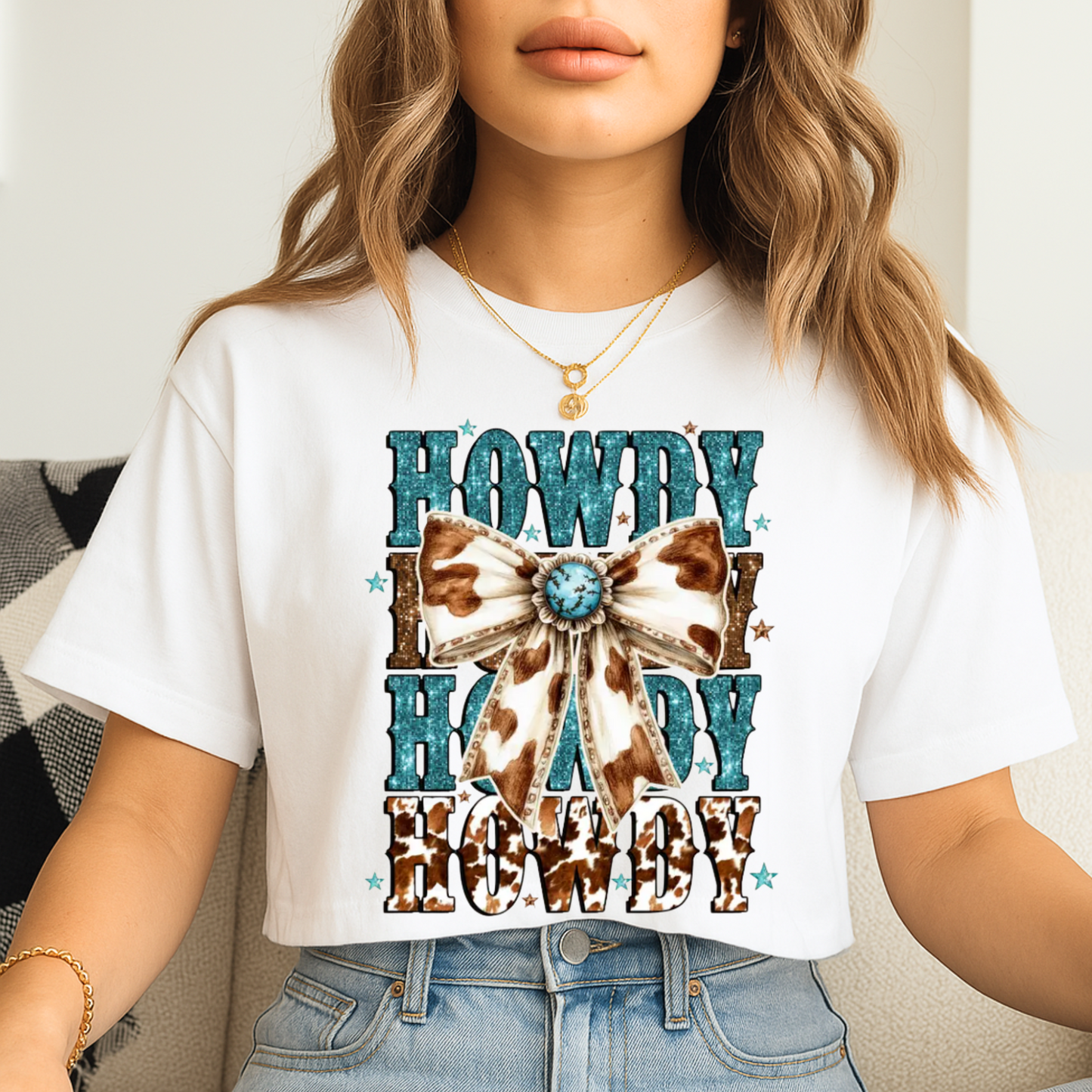 Howdy Cow print Bow Crop T-Shirt