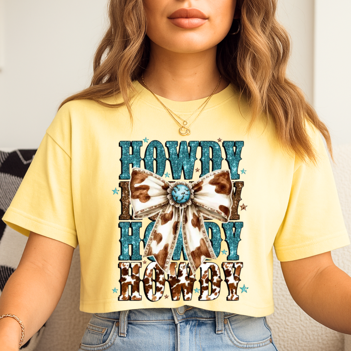 Howdy Cow print Bow Crop T-Shirt